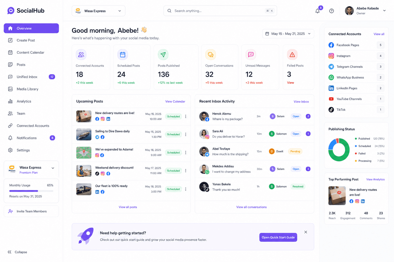 WASA Social Hub dashboard showing publishing metrics, scheduled posts, connected accounts, and inbox activity